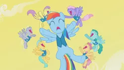 Size: 736x414 | Tagged: safe, derpibooru import, edit, edited screencap, screencap, derpy hooves, dizzy twister, orange swirl, parasol, rainbow dash, rainbowshine, spring melody, sprinkle medley, sunshower raindrops, pegasus, pony, winter wrap up, female, flying, inverted mouth, lavender skies, mare, open mouth, singing, weather team, winter wrap up song, winter wrap up vest