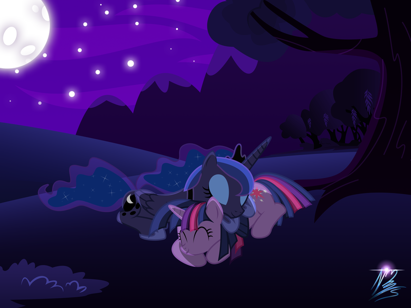 Size: 8000x6000 | Tagged: absurd resolution, artist:nightmaremoons, dead source, derpibooru import, female, lesbian, night, princess luna, safe, shipping, sleeping, twilight sparkle, twiluna