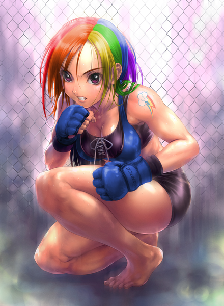 Size: 945x1288 | Tagged: artist needed, breasts, busty rainbow dash, cleavage, clothes, derpibooru import, edit, female, gloves, human, humanized, rainbow dash, recolor, safe, solo, source needed