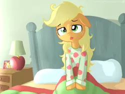 Size: 1024x768 | Tagged: applejack, artist:frankier77, clothes, derpibooru import, edit, inverted mouth, loose hair, meme, morning ponies, pajamas, safe, solo