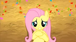 Size: 1274x709 | Tagged: safe, derpibooru import, edit, screencap, fluttershy, pegasus, pony, the last roundup, bust, close-up, hooves to the chest, inverted mouth, on back, smiling, solo