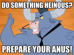 Size: 625x468 | Tagged: caption, derpibooru import, edit, edited screencap, image macro, implied rape, iron will, looking at you, male, microphone, minotaur, necktie, nose piercing, nose ring, piercing, prepare your anus, screencap, semi-grimdark, smiling, solo, suggestive, thumbs up