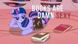 Size: 1920x1080 | Tagged: safe, artist:dabuxian, derpibooru import, twilight sparkle, pony, unicorn, bedroom eyes, book, damn sexy pose, female, golden oaks library, looking at something, mare, open mouth, prone, raised hoof, smiling, solo, that pony sure does love books, wallpaper