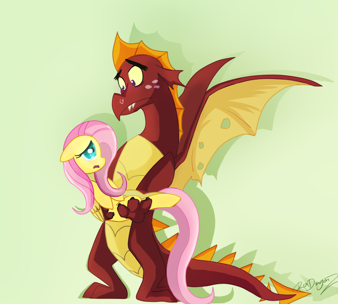 Size: 1000x900 | Tagged: artist:roxdragonz, carrying, crack shipping, derpibooru import, dragon, female, fluttershy, garble, garbleshy, green background, male, mare, safe, shadow, shipping, signature, simple background, straight