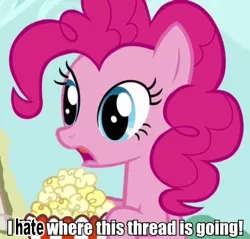 Size: 376x360 | Tagged: applebuck season, caption, derpibooru import, edit, edited screencap, image macro, inverted mouth, pinkie pie, reaction image, safe, screencap, solo