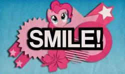 Size: 567x335 | Tagged: safe, artist:noponyzone, derpibooru import, pinkie pie, earth pony, pony, abstract background, female, looking up, mare, smiling, solo, text, youtube link