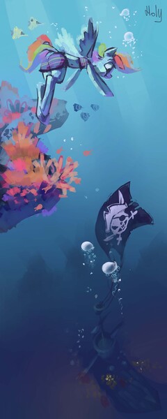 Size: 1724x4311 | Tagged: anthro, artist:holivi, derpibooru import, jolly roger, rainbow dash, safe, ship, solo, sunken ship, underwater, water