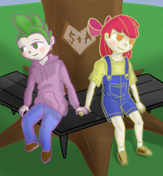 Size: 600x650 | Tagged: safe, artist:kymsnowman, derpibooru import, apple bloom, spike, human, bench, blushing, clothes, cute, female, holding hands, hoodie, humanized, male, overalls, pants, shipping, shirt, shoes, spikebloom, spiky hair, straight, tree, yellow shirt