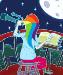 Size: 500x600 | Tagged: artist:kymsnowman, book, derpibooru import, egghead, humanized, rainbow dash, rainbow dork, safe, stargazing, telescope