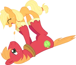 Size: 9000x7686 | Tagged: safe, artist:feyrah, artist:leo-17-0-2, derpibooru import, applejack, big macintosh, earth pony, pony, absurd resolution, brother and sister, duo, female, filly, filly applejack, male, playing, simple background, stallion, teenage big macintosh, teenager, transparent background, vector, younger