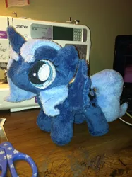 Size: 1936x2592 | Tagged: artist:kisaragikoryu, derpibooru import, filly, irl, photo, plushie, princess luna, safe, sewing machine, solo