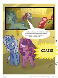 Size: 2700x3600 | Tagged: artist:for-the-plot, comic, crash, derpibooru import, for the plot, high res, oc, safe, secret hideout is not so secret anymore, trixie, twilight sparkle, uh oh