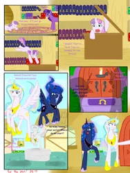 Size: 1024x1365 | Tagged: artist:for-the-plot, artist:livinlovindude, comic, derpibooru import, for the plot, golden oaks library, library, lunaughty, ponyville, princess celestia, princess luna, princess molestia, safe, statue, sweetie belle, twilight sparkle