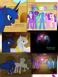 Size: 1024x1365 | Tagged: artist:for-the-plot, background pony, comic, dark, derpibooru import, for the plot, golden oaks library, library, lunaughty, princess celestia, princess luna, princess molestia, rarity, safe, shit's getting serious, trixie, twilight sparkle
