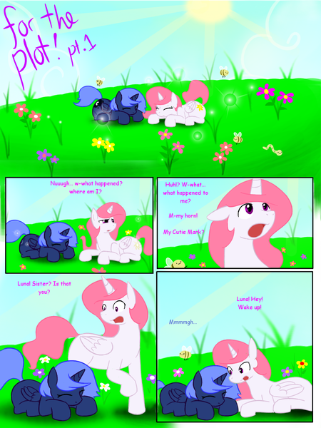 Size: 1024x1365 | Tagged: artist:for-the-plot, comic, derpibooru import, field, filly, for the plot, princess celestia, princess luna, safe, sunshine