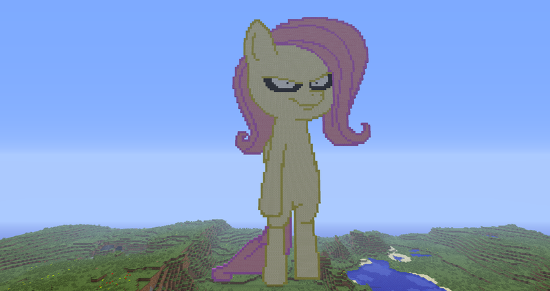 Size: 1920x1018 | Tagged: safe, artist:cheezsnax, derpibooru import, fluttershy, pony, .mov, shed.mov, bipedal, female, fluttershed, game screencap, mare, minecraft, minecraft pixel art, pixel art