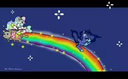 Size: 7200x4500 | Tagged: absurd resolution, artist:ask-molestia, derpibooru import, monocle, necktie, nyan cat, princess celestia, princess luna, rainbow, safe, space, tea, the answer to life