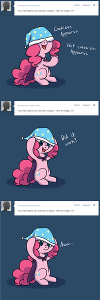 Size: 1000x2999 | Tagged: artist:maplesunrise, ask, ask snuggle pie, cape, clothes, comic, derpibooru import, hat, nightcap, pinkie pie, safe, solo, tumblr