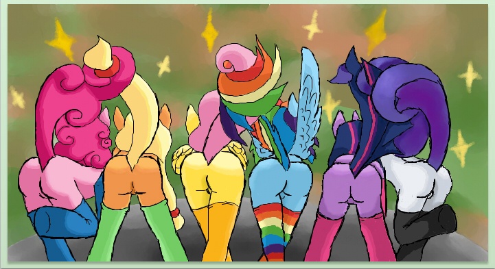 Size: 721x393 | Tagged: anthro, applebutt, applejack, artist:halimthefox, ass, balloonbutt, clothes, derpibooru import, featureless crotch, female, flutterbutt, fluttershy, implied applepie, implied flutterdash, implied lesbian, implied rarilight, implied shipping, intertwined tails, line-up, mane six, mane six plots, pinkie pie, plotline, presenting, questionable, rainbow dash, rainbow socks, rainbutt dash, rarity, rearity, rear view, socks, striped socks, twibutt, twilight sparkle