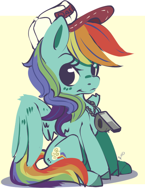 Size: 578x749 | Tagged: artist:clockworkquartet, derpibooru import, hat, rainbow dash, safe, solo, whistle