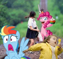 Size: 573x532 | Tagged: chainsaw, cupcake, derpibooru import, fanfic:cupcakes, human, meme, pinkie pie, rainbow dash, safe