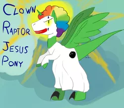 Size: 2300x2000 | Tagged: safe, artist:short circuit, derpibooru import, ponified, dinosaur, pony, velociraptor, claws, clothes, cloud, clown, clown makeup, clown wig, high res, hooves, horn, jesus christ, lightning, makeup, raptor jesus, signature, sky, solo, text, wat, wings
