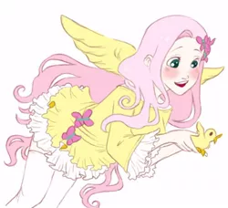 Size: 438x400 | Tagged: artist:zoe-productions, bird, chick, clothes, derpibooru import, dress, female, fluttershy, hairpin, human, humanized, safe, socks, spread wings, thigh highs, winged humanization, wings