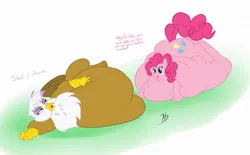 Size: 1280x795 | Tagged: safe, artist:hungryjackal, derpibooru import, gilda, pinkie pie, gryphon, belly, chubby cheeks, fat, gildough, impossibly large belly, morbidly obese, obese, piggy pie, pudgy pie