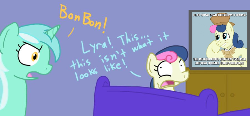 Size: 900x419 | Tagged: bon bon, bon-bon's secret, condescending bonbon, derpibooru import, exploitable meme, lyra heartstrings, meme, safe, sweetie drops