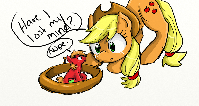 Size: 1366x728 | Tagged: safe, artist:pushpin-heart, derpibooru import, applejack, big macintosh, earth pony, pony, dialogue, male, micro, shrunk, stallion