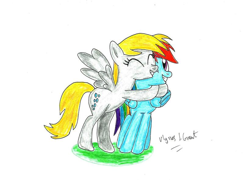 Size: 2310x1700 | Tagged: safe, artist:ulyssesgrant, derpibooru import, derpy hooves, rainbow dash, pegasus, pony, female, mare, traditional art