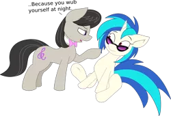 Size: 1218x828 | Tagged: safe, artist:canon-lb, artist:joey darkmeat, derpibooru import, octavia melody, vinyl scratch, earth pony, pony, unicorn, bowtie, comic, cutie mark, female, hooves, horn, mare, open mouth, pun, simple background, sunglasses, teeth, transparent background, vector, wub