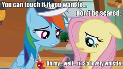 Size: 953x536 | Tagged: caption, derpibooru import, edit, edited screencap, fluttershy, hat, hurricane fluttershy, image macro, innuendo, rainbow dash, rainbow dashs coaching whistle, screencap, suggestive, that pony sure does love whistles, whistle, whistle necklace
