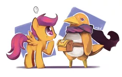 Size: 1178x750 | Tagged: safe, artist:ende26, derpibooru import, scootaloo, pegasus, pony, ..., clothes, crossover, disgaea, fanny pack, female, filly, hero prinny, prinny, scarf, sweat