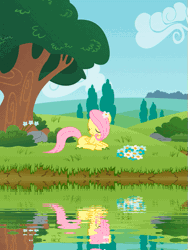 Size: 421x560 | Tagged: safe, artist:kennyklent, derpibooru import, fluttershy, pegasus, pony, animated, cinemagraph, filly, reflection, scenery, water