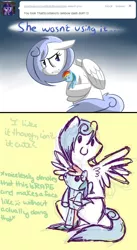 Size: 1280x2337 | Tagged: safe, artist:feathersandink, artist:penguinpotential, derpibooru import, rainbow dash, twilight sparkle, oc, oc:frigid drift, pegasus, pony, ask, comic, plushie, that scootaloo, tumblr