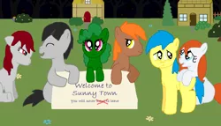 Size: 900x516 | Tagged: artist:graciegirl328, derpibooru import, grimdark, oc, oc:gladstone, oc:grey hoof, oc:mitta, oc:roneo, oc:ruby, oc:starlet, oc:three leaf, story of the blanks, sunny town, unofficial characters only