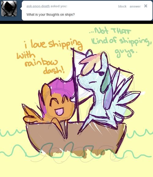 Size: 500x578 | Tagged: safe, artist:feathersandink, derpibooru import, rainbow dash, scootaloo, ask, boat, female, lesbian, mane, pun, scootadash, shipping, that scootaloo, tumblr, visual pun, water, wings