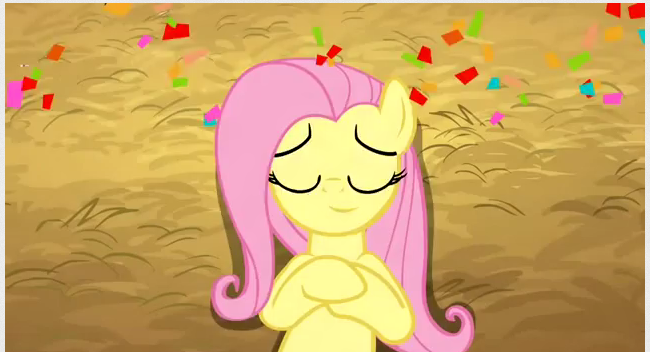 Size: 650x352 | Tagged: safe, derpibooru import, screencap, fluttershy, pegasus, pony, the last roundup, bust, eyes closed, hooves to the chest, inverted mouth, on back, smiling, solo