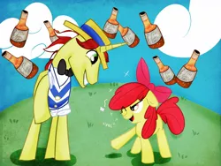 Size: 1600x1200 | Tagged: apple bloom, artist:strabarybrick, bowtie, cider, clothes, derpibooru import, drunk, drunker bloom, flim, flimbloom, one eye closed, safe, shirt