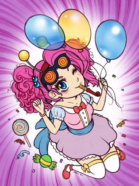 Size: 600x799 | Tagged: artist:christinies, balloon, blushing, candy, derpibooru import, humanized, party horn, pinkie pie, safe, wink