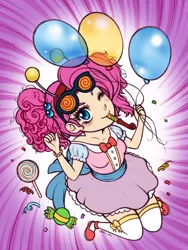 Size: 600x799 | Tagged: artist:christinies, balloon, blushing, candy, derpibooru import, humanized, party horn, pinkie pie, safe, wink