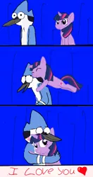 Size: 500x946 | Tagged: safe, artist:perryrocks, derpibooru import, twilight sparkle, crossover, crossover shipping, mordecai, mordetwi, regular show