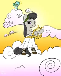 Size: 6720x8400 | Tagged: safe, artist:twiddlechimp, derpibooru import, lyra heartstrings, octavia melody, earth pony, pony, unicorn, absurd resolution, bipedal, clothes, cloud, cloudy, lyre