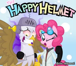 Size: 900x780 | Tagged: safe, artist:sunyup, derpibooru import, gilda, pinkie pie, gryphon, forced smile, happy happy joy joy, happy helmet, mind control, ren and stimpy, scientist