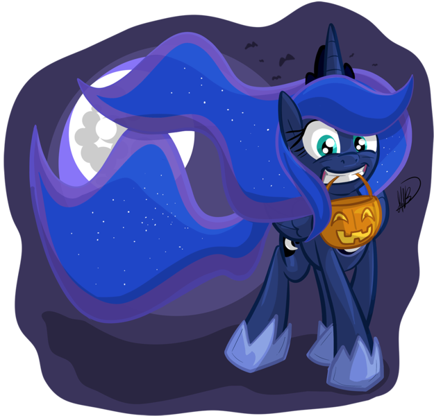 Size: 1280x1229 | Tagged: safe, artist:secoh2000, derpibooru import, princess luna, alicorn, pony, food, full moon, halloween, holiday, hoof shoes, jack-o-lantern, moon, mouth hold, nightmare night, pumpkin, pumpkin bucket, simple background, solo, transparent background, trick or treat