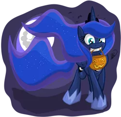 Size: 1280x1229 | Tagged: safe, artist:secoh2000, derpibooru import, princess luna, alicorn, pony, food, full moon, halloween, holiday, hoof shoes, jack-o-lantern, moon, mouth hold, nightmare night, pumpkin, pumpkin bucket, simple background, solo, transparent background, trick or treat