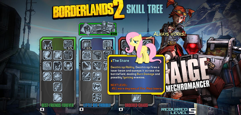 Size: 1347x643 | Tagged: always works, borderlands, borderlands 2, derpibooru import, dreamworks face, fahrenheit 451, fluttershy, mechromancer, safe, skilltrees, stare