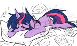 Size: 1280x770 | Tagged: safe, artist:ghost, derpibooru import, twilight sparkle, pony, unicorn, bed, exhausted, eyes closed, female, flop, floppy ears, mare, messy mane, paper, pillow, prone, sketch, sleepy, solo, tired