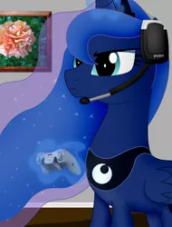 Size: 1704x2242 | Tagged: artist:iflysna94, artist:iflysna94, controller, derpibooru import, gamer luna, headset, magic, princess luna, safe, serious face, solo